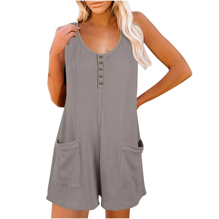 RQYYD Reduced Jumpsuits for Women Waffle Knit Shorts Jumpsuit Plain Scoop  Neck Button Up Sleeveless Tank Top Rompers with Pockets(Gray,XXL)