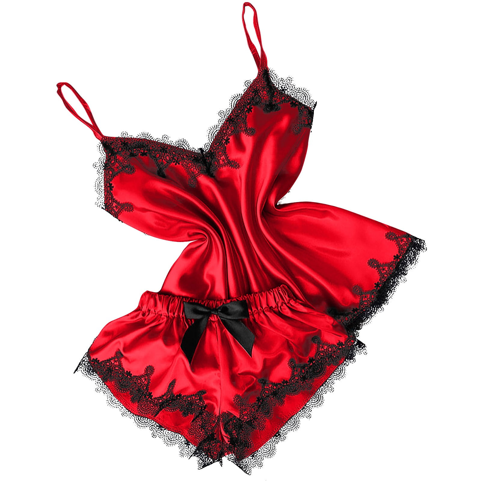 RQYYD Reduced Women's Plus Size Lingerie Set Spaghetti Strap Lace Trim  Bralette and Satin Shorts Sleepwear Pajama Set Red M 