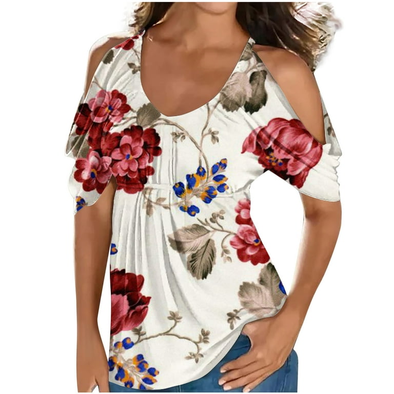RQYYD Reduced Sexy Cold Shoulder Tops for Women Floral Print