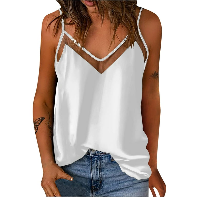 RQYYD Reduced Summer Tank Tops for Women Mesh V Neck Spaghetti Strap  Camisole Loose Fit Satin Sleeveless Shirts Summer Casual Flowy Shirt