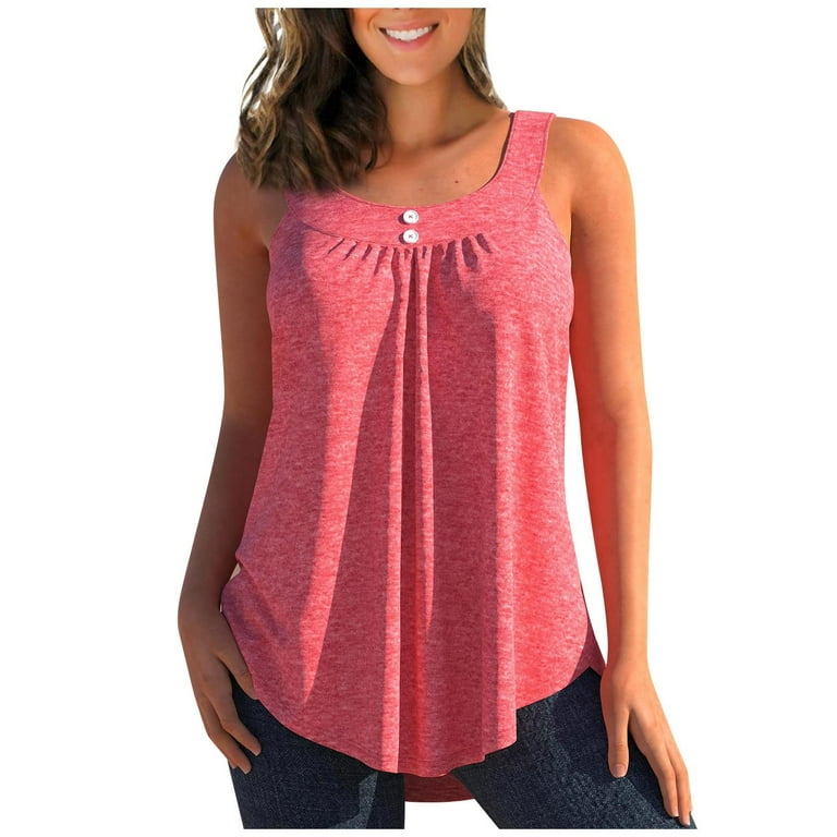 RQYYD Reduced Tank Tops for Women's Summer Solid Pleated Sleeveless Blouse  Shirt Casual Scoop Neck Button Up Tunic Loose Curved Hem Dressy(Pink,M) 