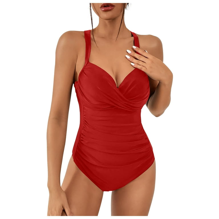 RQYYD Reduced Tummy Control Swimsuits for Women Slimming One Piece Bathing Suit Retro Ruched Push Up Vintage Back Cross Swimwear Red L Walmart