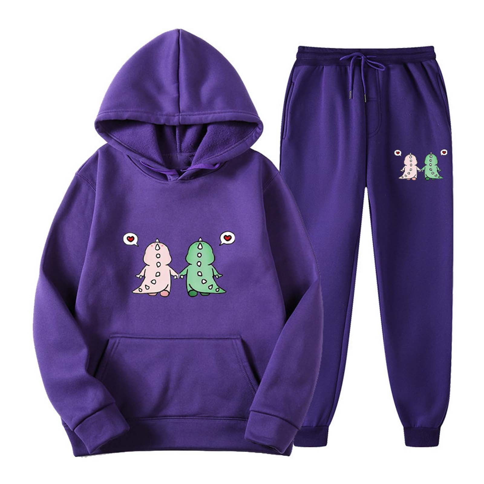 RQYYD Reduced Two Piece Outfits for Women Lounge Sets Pullover Sweatshirt  Sweatpants Sweatsuits Set with Kangaroo Pockets Dinosaur Hoodie Suit Purple  L
