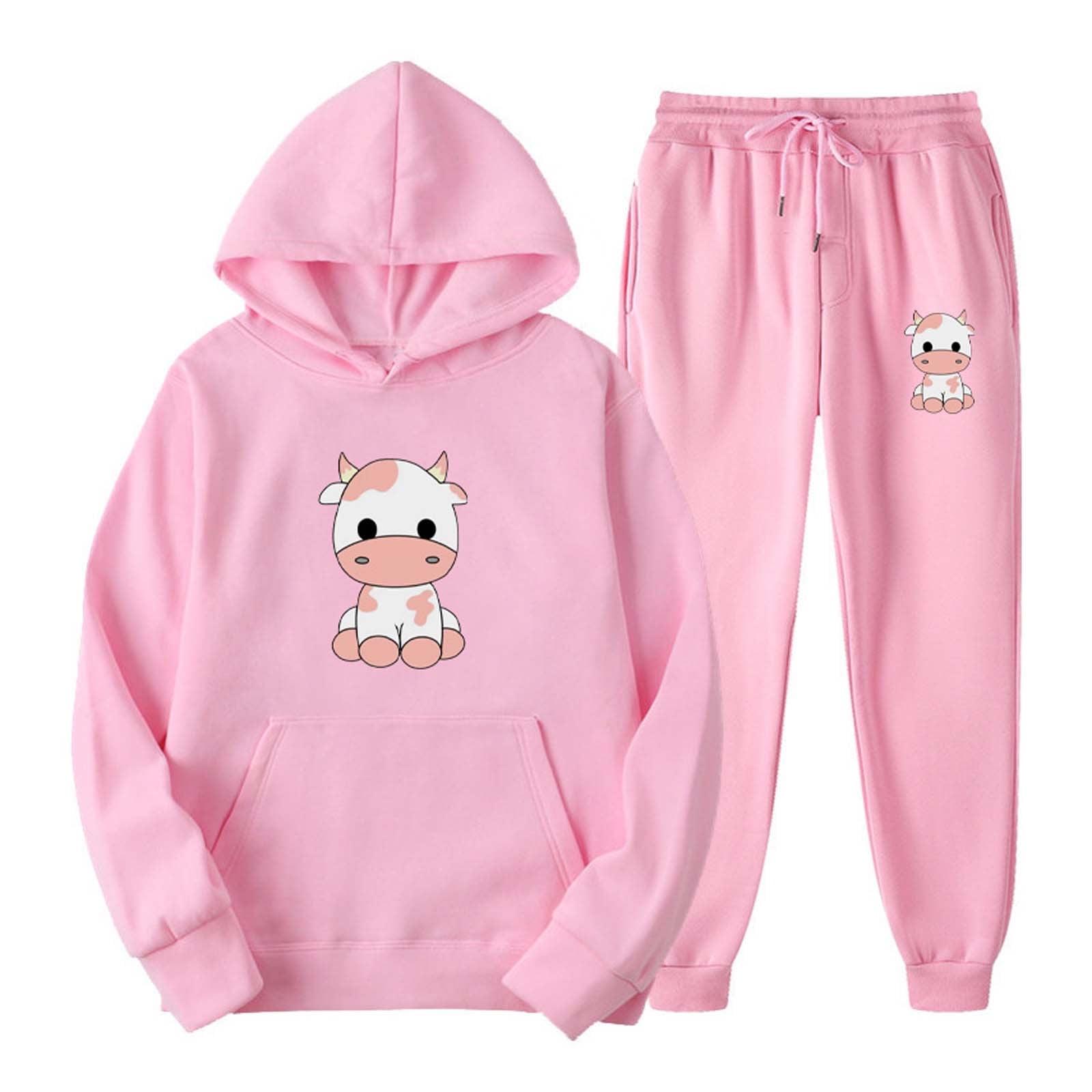 RQYYD Reduced Women 2 Piece Outfits Sets Cute Cow Print Long Sleeve Hooded Sweatshirts Matching Joggers Sweatpants Gym Outfits with Pocket Pink M Walmart