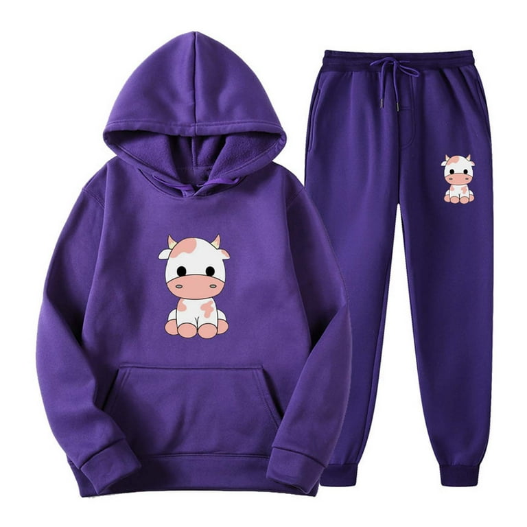 RQYYD Reduced Women 2 Piece Outfits Sets Cute Cow Print Long Sleeve Hooded  Sweatshirts Matching Joggers Sweatpants Gym Outfits with Pocket Purple L