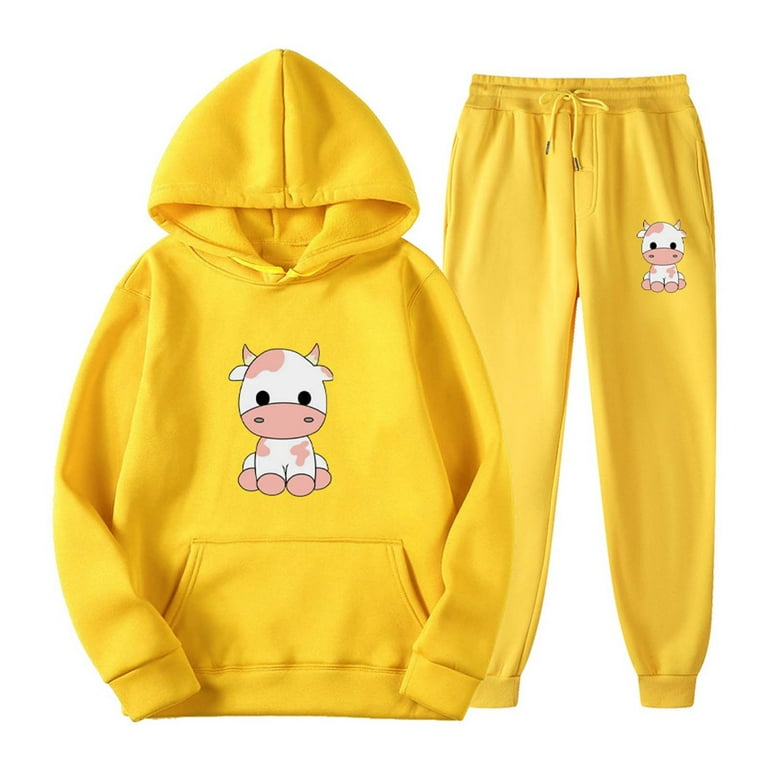 RQYYD Reduced Women 2 Piece Outfits Sets Cute Cow Print Long Sleeve Hooded  Sweatshirts Matching Joggers Sweatpants Gym Outfits with Pocket Yellow M