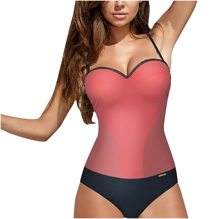 RQYYD Reduced Women Color Block One Piece Swimsuit V Neck Mesh Bathing Suit  Spaghetti Strap Tummy Control Monokini Watermelon Red L 
