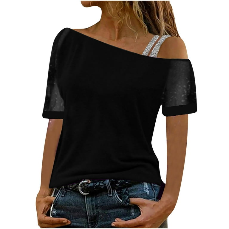RQYYD Reduced Women Off Shoulder Tops Mesh Short Sleeve Shirt Glitter  Shoulder Straps Elegant Blouse Tops(Black,L) 