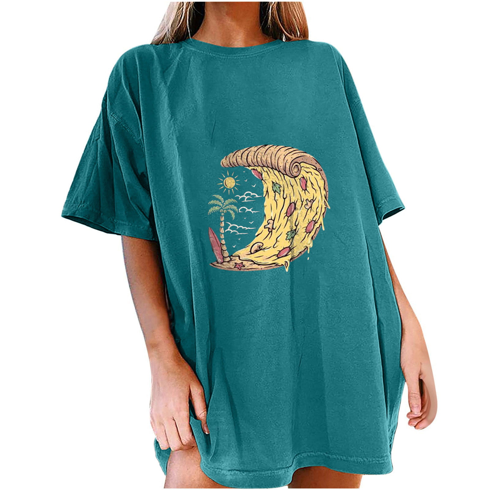 RQYYD Clearance Tshirts Shirts for Women Pizza Ice Cream Print Summer Tops  Drop Shoulder Short Sleeve Shirt Oversized Crewneck Funny Graphic  Tee(2#Blue,XXL) 