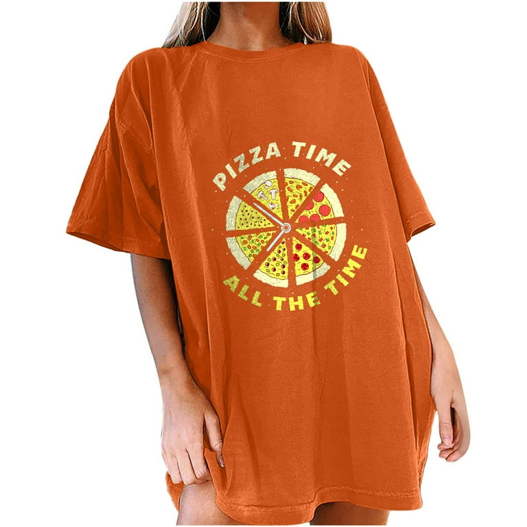 RQYYD Reduced Women Oversized Funny Pizza Graphic Print T-Shirt Crewneck  Short Sleeve Tee Blouse Casual Drop Shoulder Shirt Top 90s  Girls(2#Orange,L) 