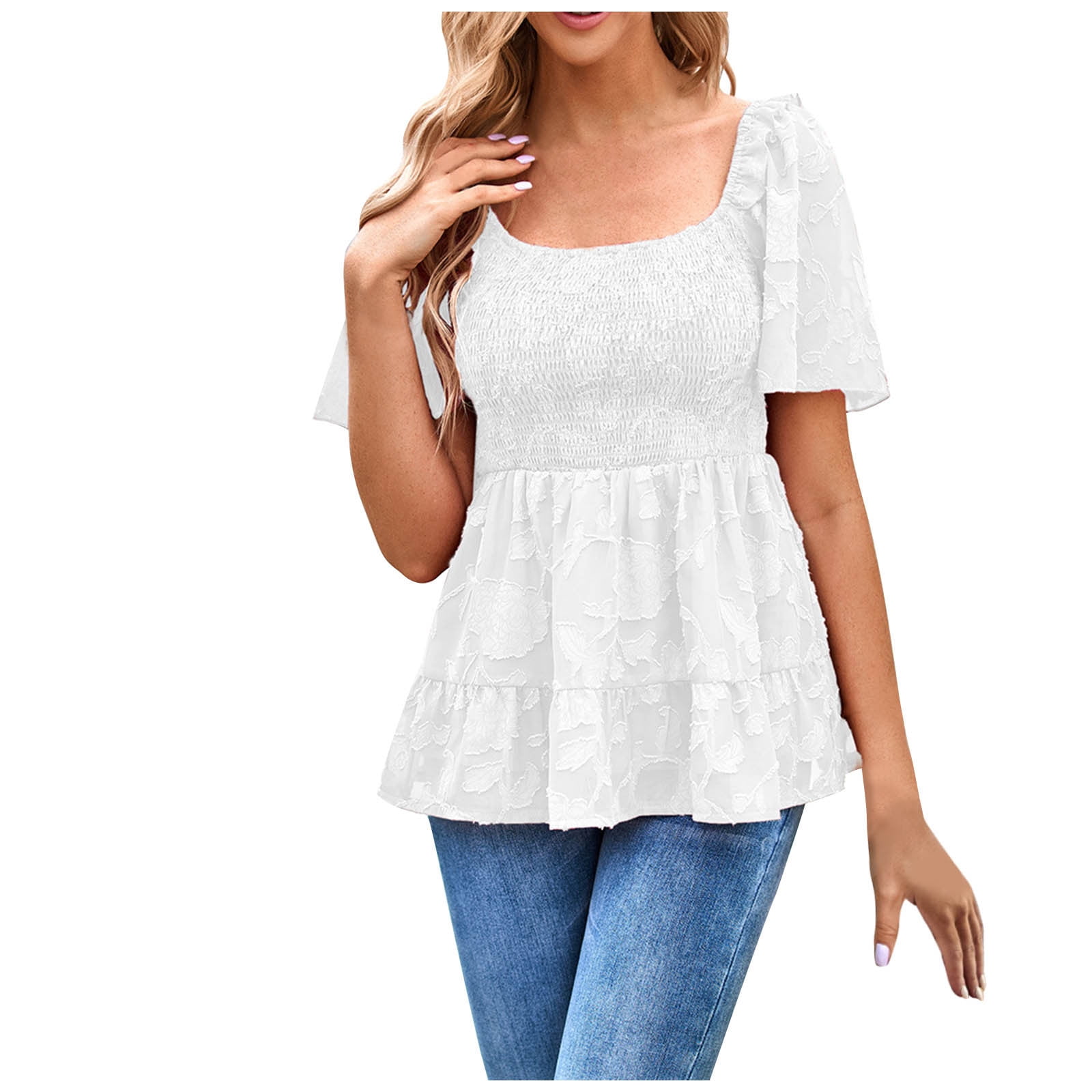 RQYYD Reduced Women's Chiffon Smocked Tops Casual Mesh Short