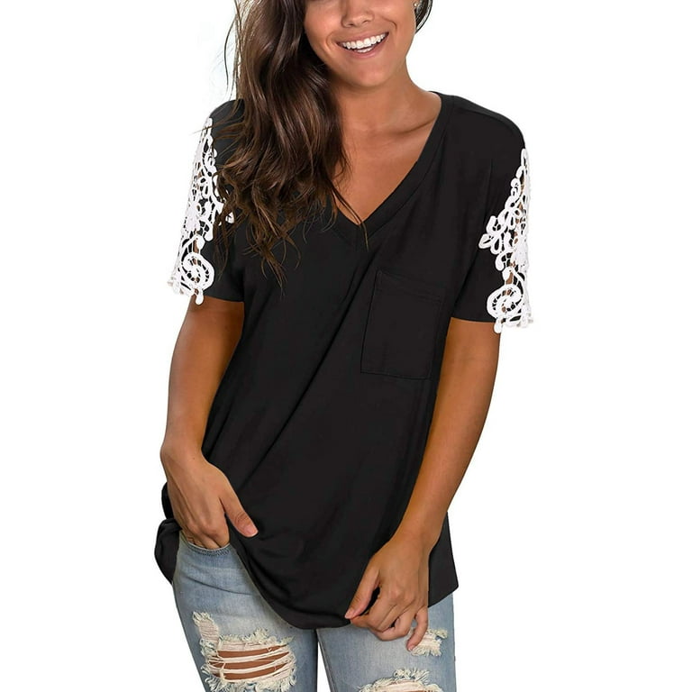 RQYYD Reduced Women's Crochet Lace Short Sleeve V-Neck T-Shirt Loose Casual  Summer Tee Tops Hollow Out Sleeve Loose Fit Tunic Blouse with  Pocket(Black,M) 