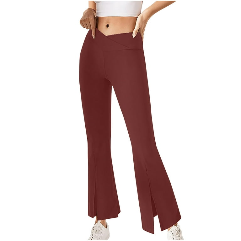 RQYYD Reduced Women's Crossover High Waisted Bootcut Yoga Pants Flutter  Leggings Front Split Flare Leg Workout Pants Work Pants(Wine,M) 