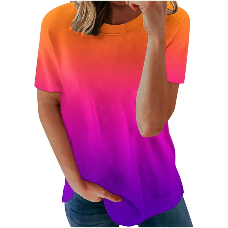 RQYYD Reduced Women's Cute Color Block Tshirt Summer Casual Round Neck  Gradient Tie Dye Short Sleeve Tee Shirt Loose Stripe Tops(1#Orange,M) 
