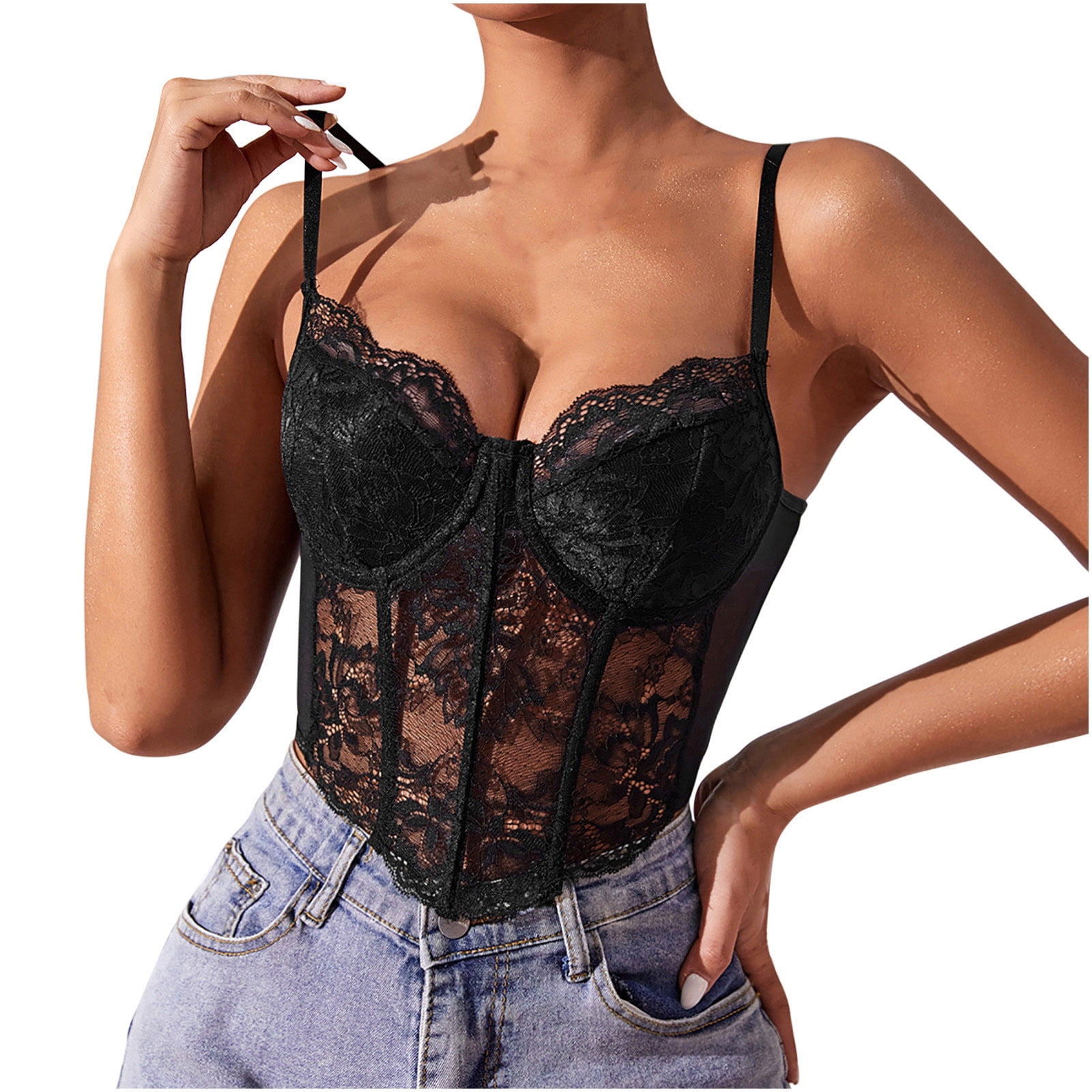 Lace Bustier Underwire Adjustable Spaghetti Straps Sleeveless  Corset Tank Top for Women  (Black,Small,Small,Women,Nylon,Female,Adult,Nylon,China,US,Alpha,Regular,Regular):  Clothing, Shoes & Jewelry