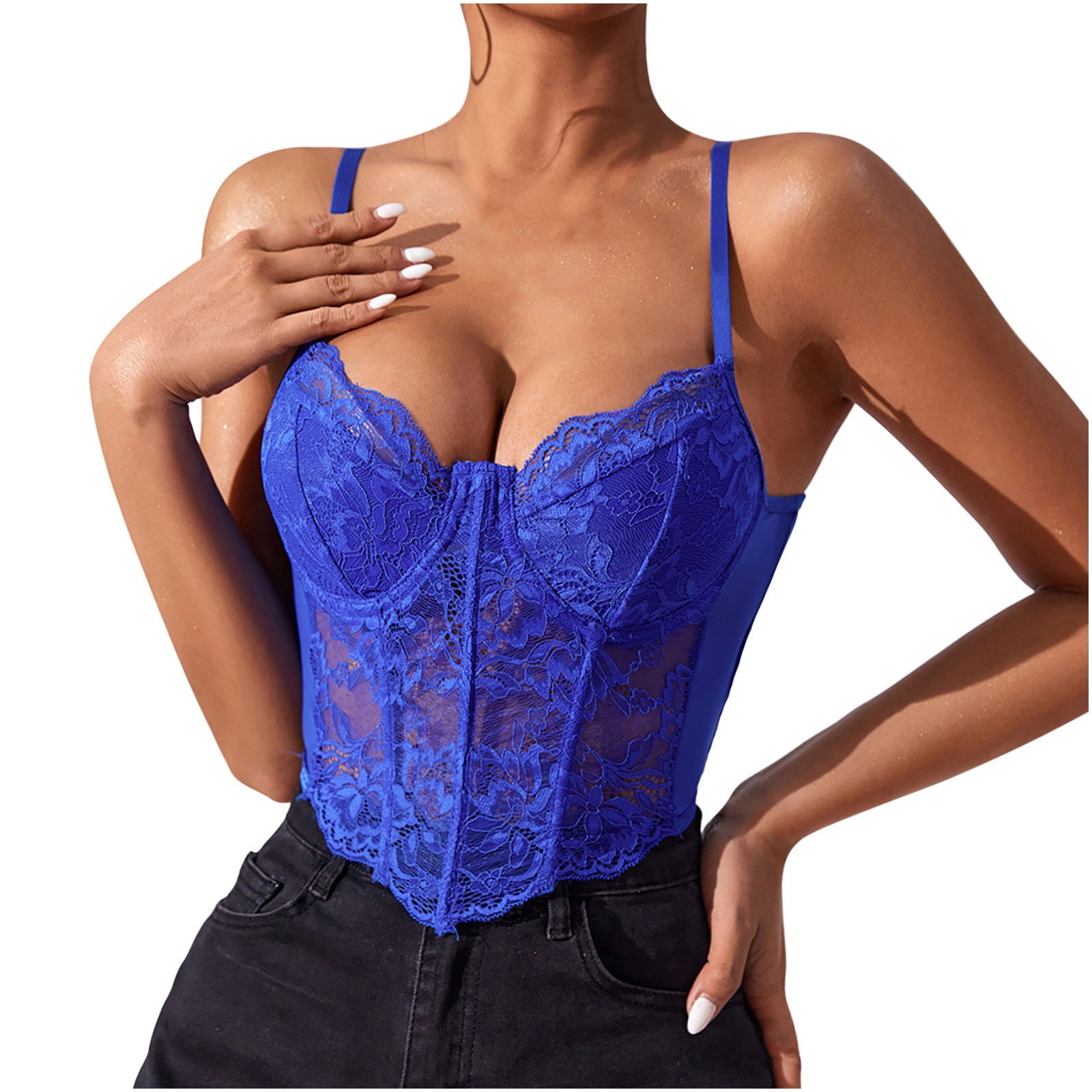 RQYYD Reduced Women's Lace Trim Corset Spaghetti Strap Asymmetrical Hem  Shapewear Cami Tank Top Going Out Party Corset Bustier Tops Blue M