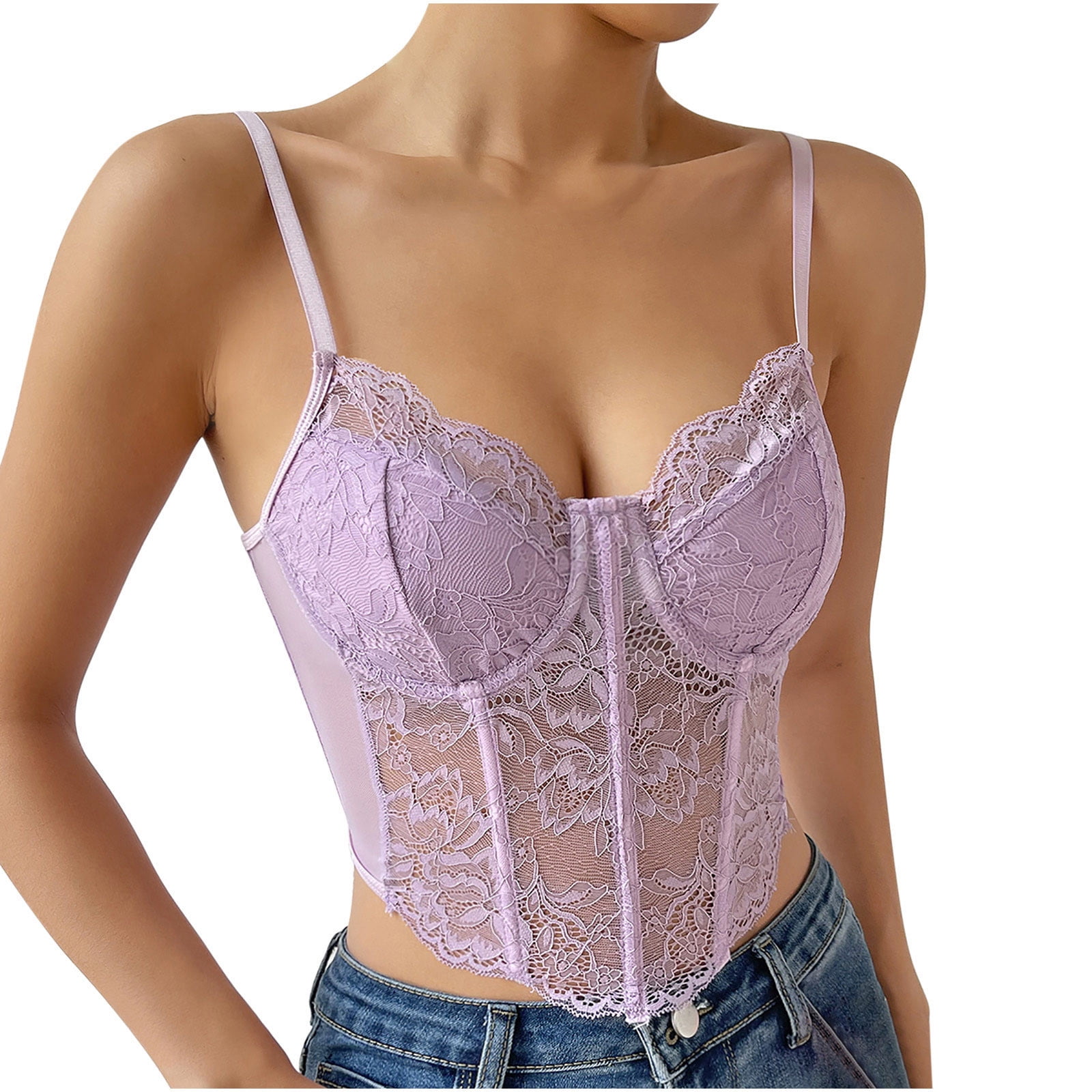 Women's Satin and Mesh Lace Corset Top in Magenta Purple