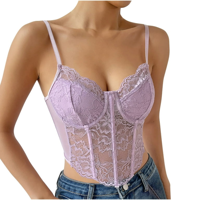 RQYYD Reduced Women's Lace Trim Corset Spaghetti Strap Asymmetrical Hem  Shapewear Cami Tank Top Going Out Party Corset Bustier Tops Purple XS