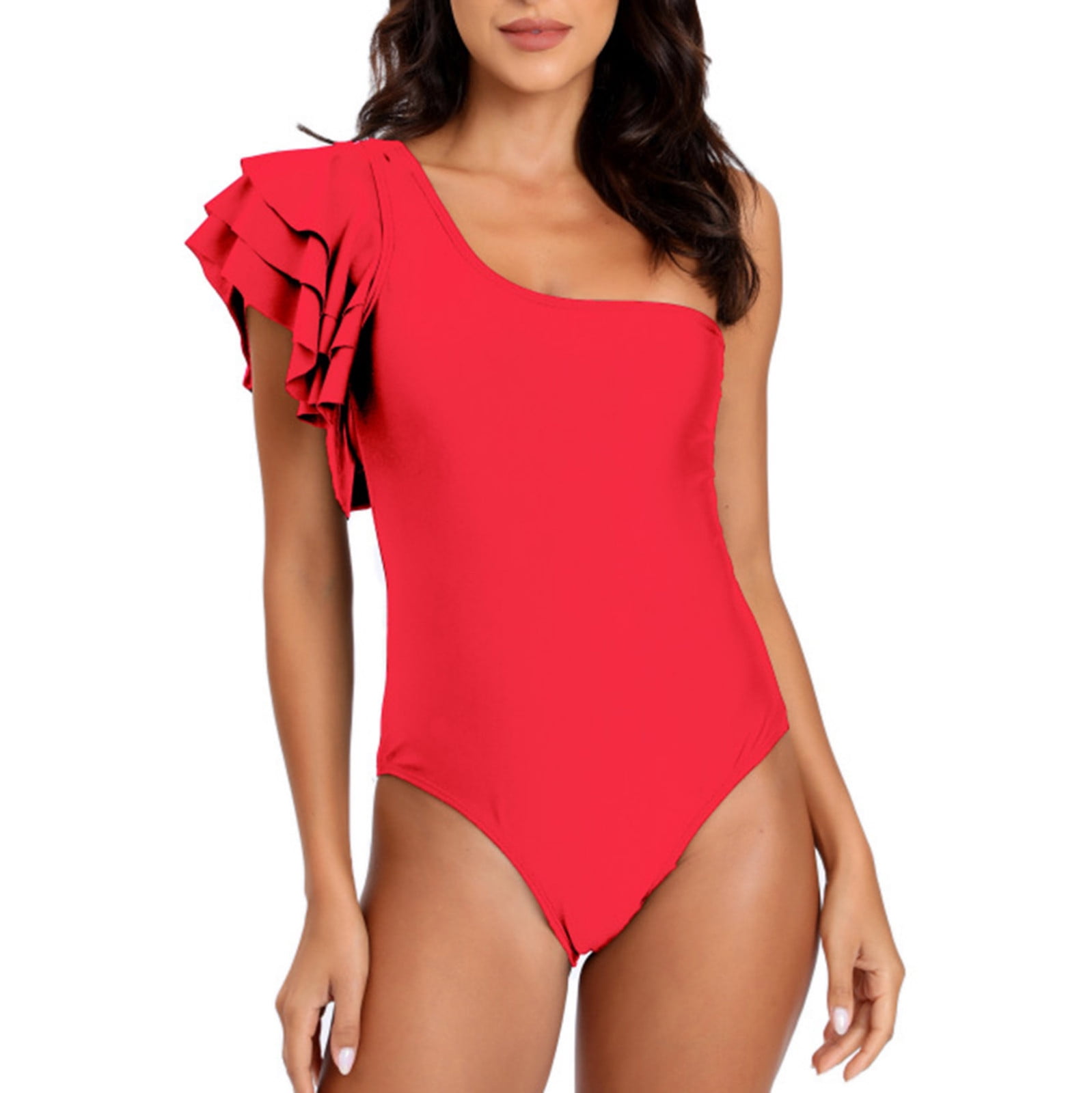 RQYYD Reduced Women's One Shoulder One Piece Swimsuit Double Ruffle Sleeve  Bathing Suit Solid Tummy Control High Waisted Monokini(Red,M)