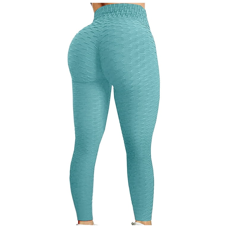 RQYYD Reduced Women's Plus Size High Waist Yoga Pants Tummy Control Workout  Ruched Butt Lifting Stretchy Leggings Textured Booty Tights(Sky Blue,L) 