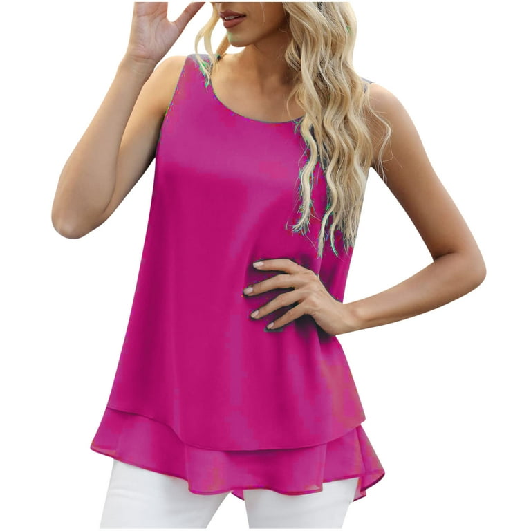 RQYYD Reduced Women's Plus Size Sleeveless Chiffon Tank Top Double Layers  Casual Blouse Tunic Summer Scoop Neck Loose Shirts(Hot Pink,M)
