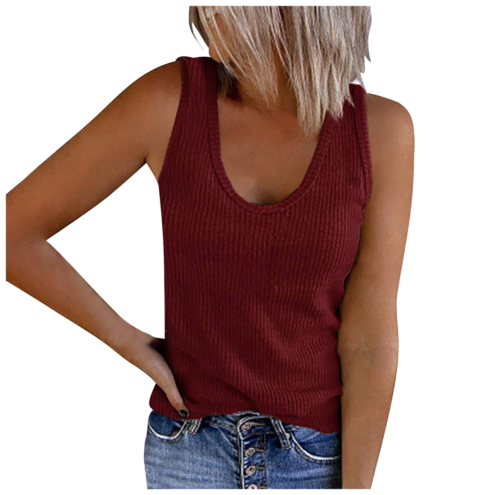 RQYYD Reduced Women's Sleeveless Plus Size Knit Ribbed Tank Tops Summer  Casual U Neck Vest Shirts Solid Color Basic Tee Tops Wine S