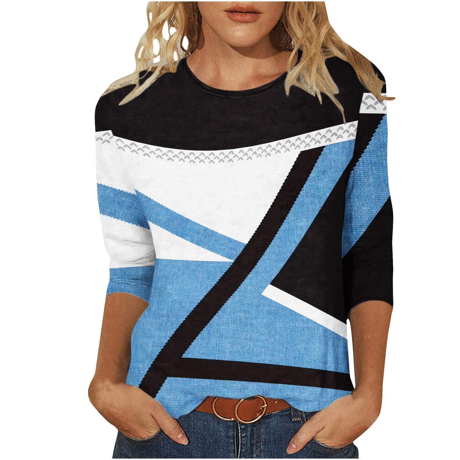 RQYYD Reduced Geometric Graphic Tops for Women 3/4 Sleeve Pullover Shirts  Dressy Casual Crewneck Color Block Blouses Trendy Loose Fit T