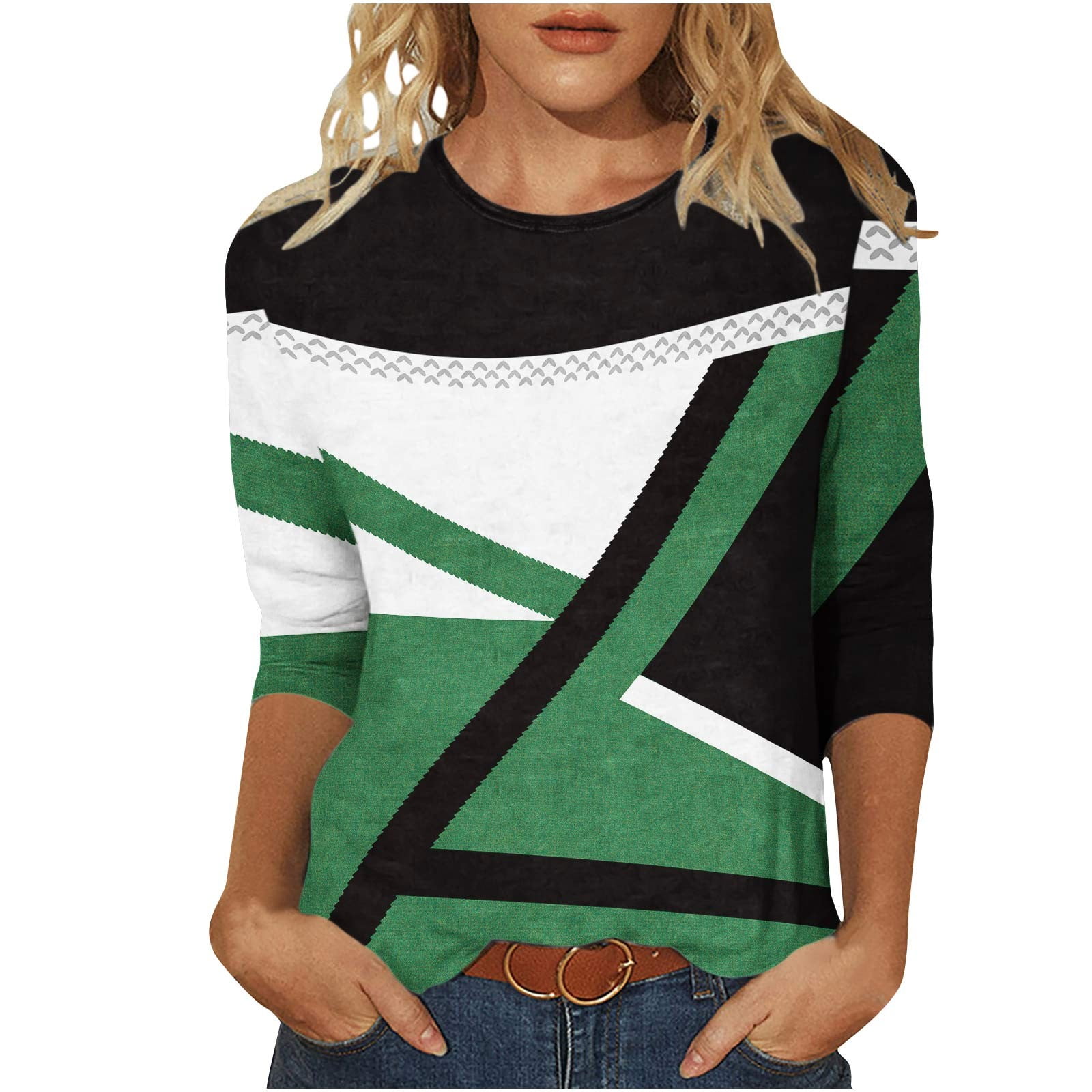 RQYYD Reduced Women's Summer Geometric Graphic T Shirts Casual Holiday 3/4  Sleeve Tops Color Block Crew Neck Basic Tee(Green,S)