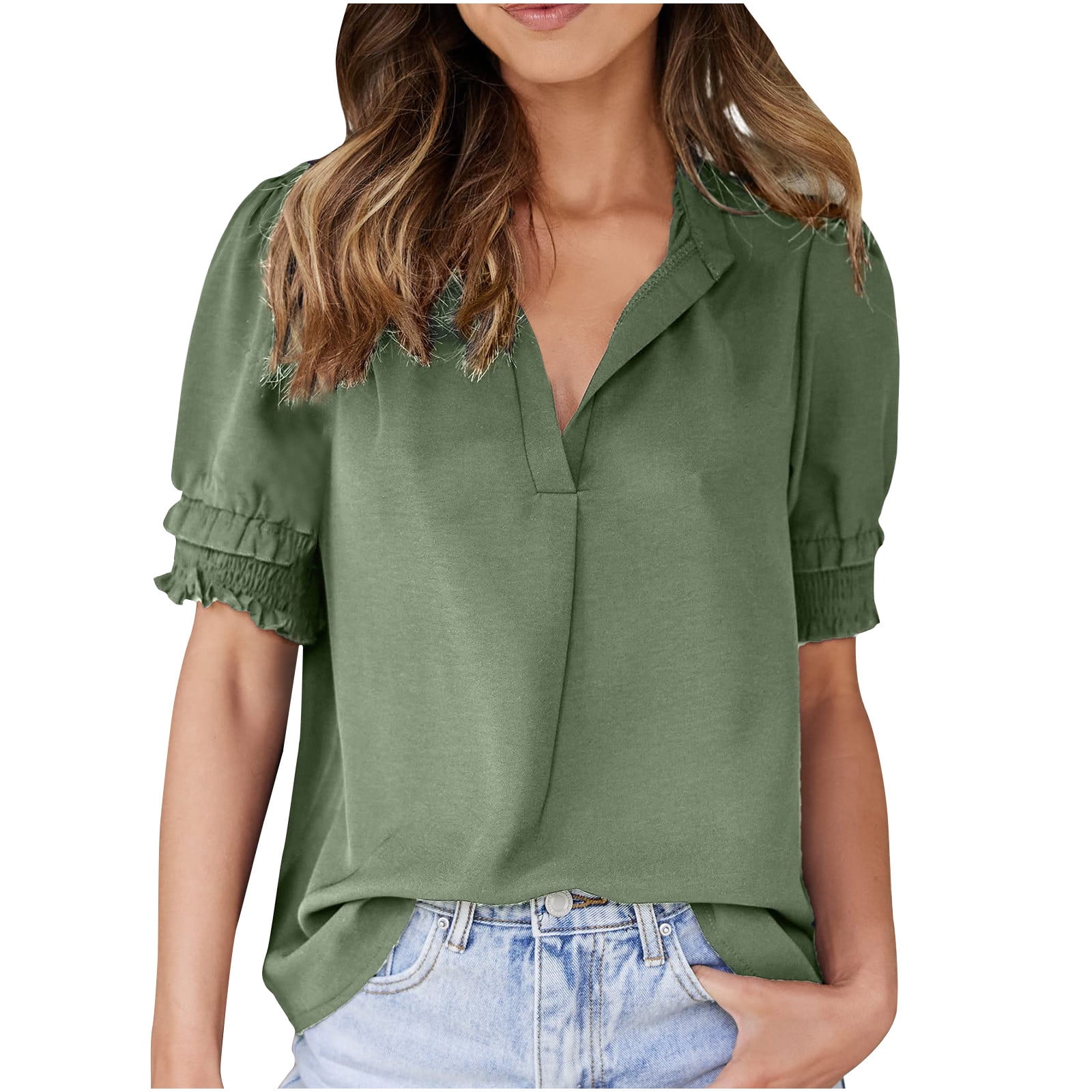 RQYYD Reduced Women's Summer Puff Short Sleeve Chiffon Blouse Casual V Neck  Business Work Shirts Solid Color Loose Fit Pleated Tops Green XL -  Walmart.com