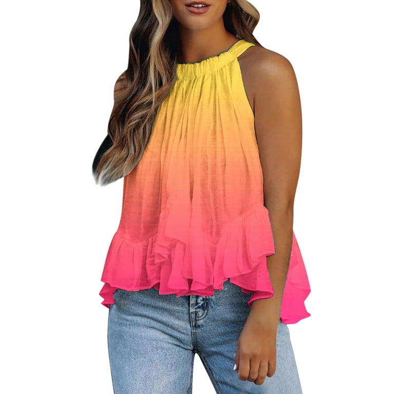 Womens Tops Hide Belly Tunic Shirts Loose Casual Summer Pleated Flowy  Sleeveless Camisole Tank Tops Sexy Flowy Cami