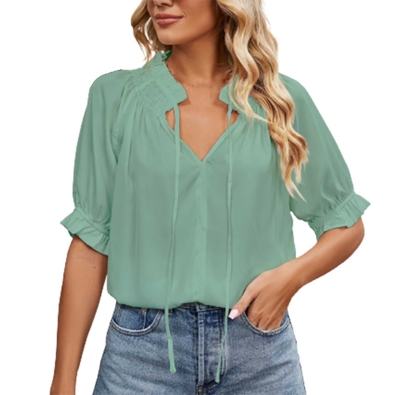 RQYYD Reduced Women’s T-Shirt Puff Lantern Short Sleeve Casual Tie