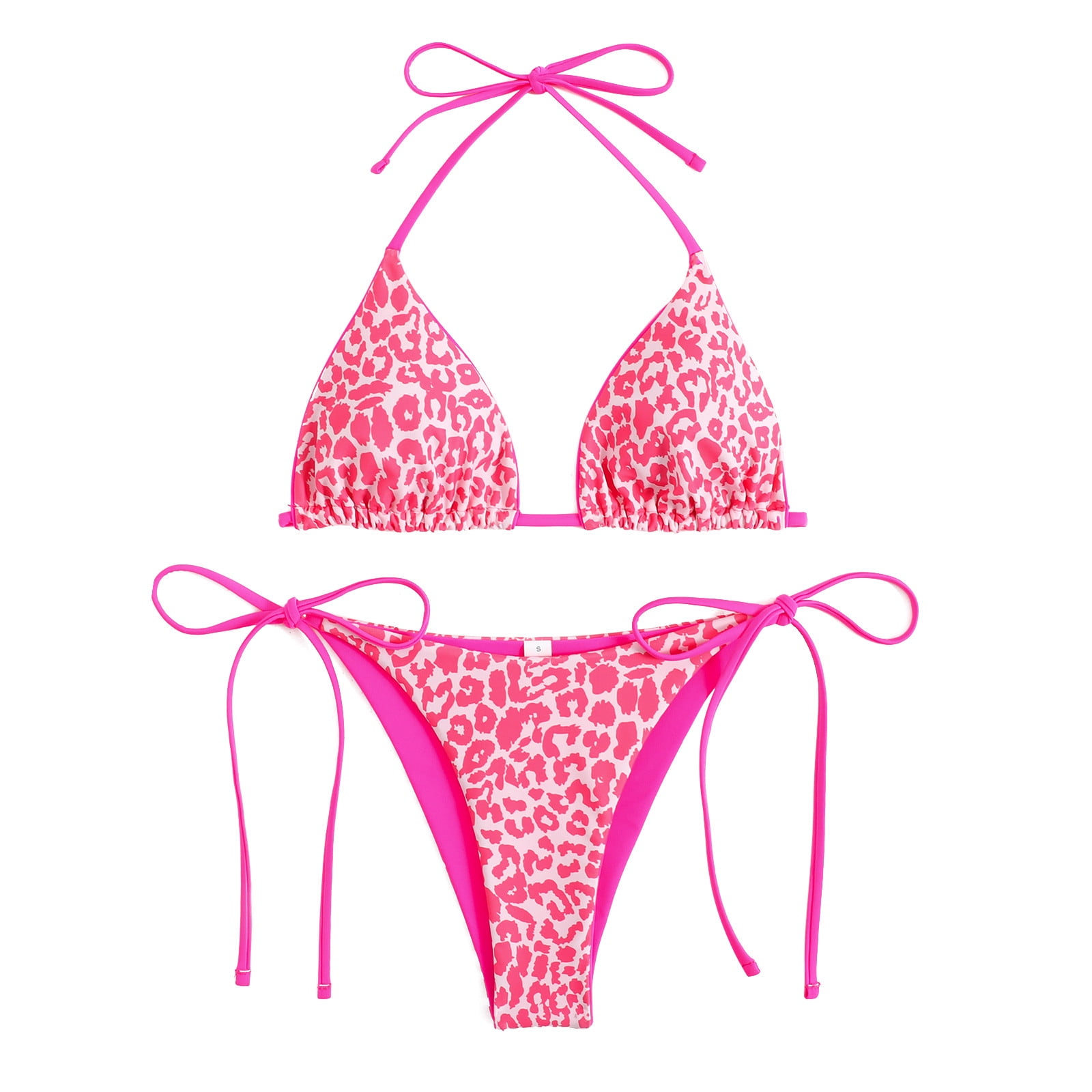 RQYYD Reduced Women's Triangle Bikini Leopard String Bikini Set Two Piece  Swimsuit Bathing Suits Tie Side Bottom(Hot Pink,L)