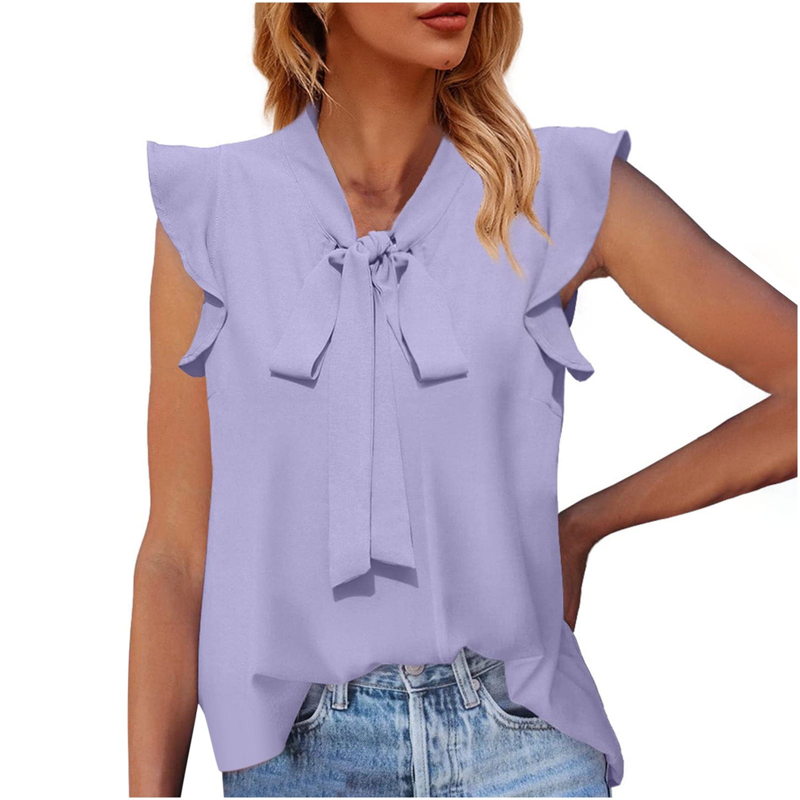 Women Summer Sleeveless Tie Neck Solid Chiffon Casual Work Tank Top Shirt  Blouse
