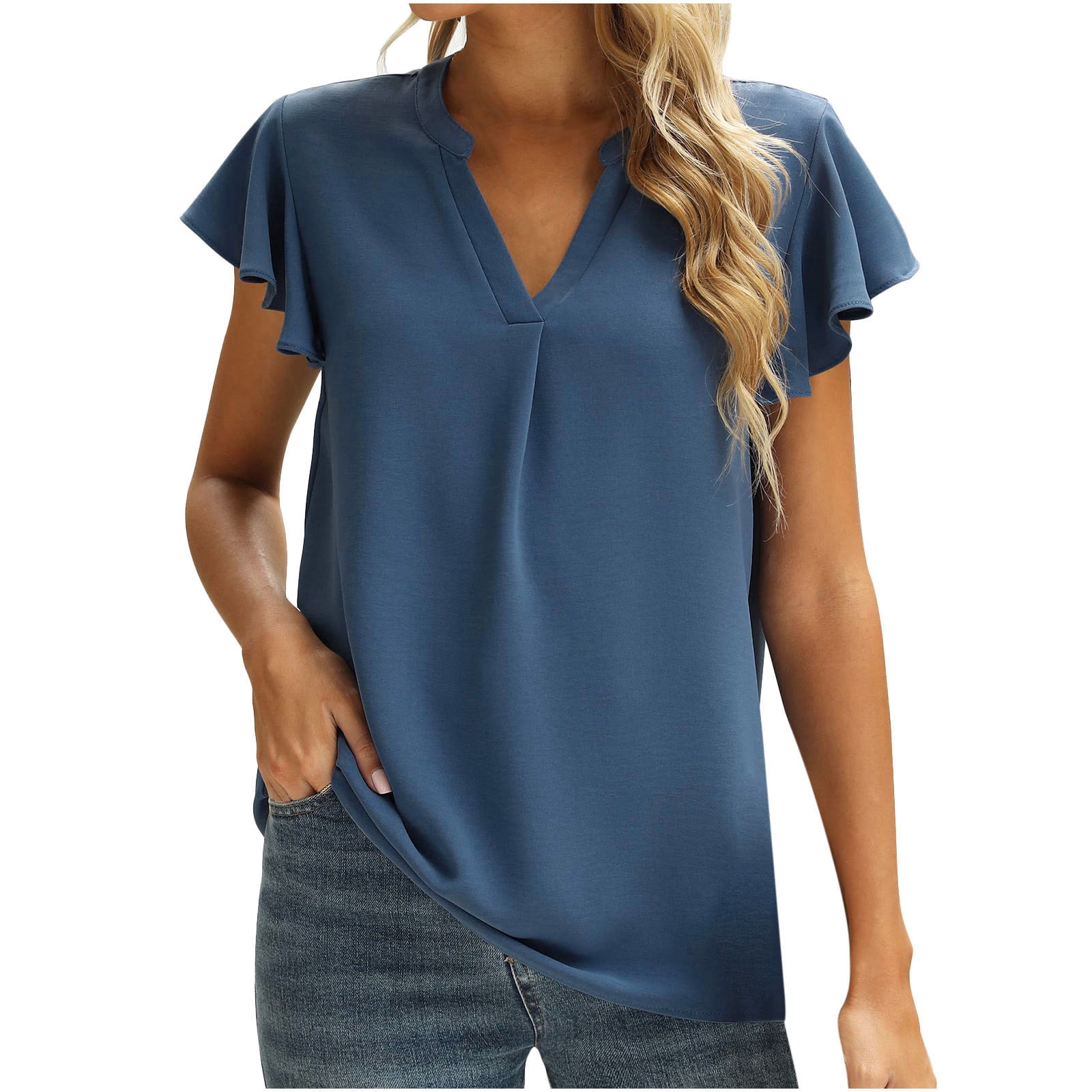 RQYYD Reduced Womens Business Casual Tops Summer V Neck T Shirt Ruffle  Short Sleeve Tunic Blouses Casual Solid Loose Fit Basic Tshirts(Blue,XXL) 