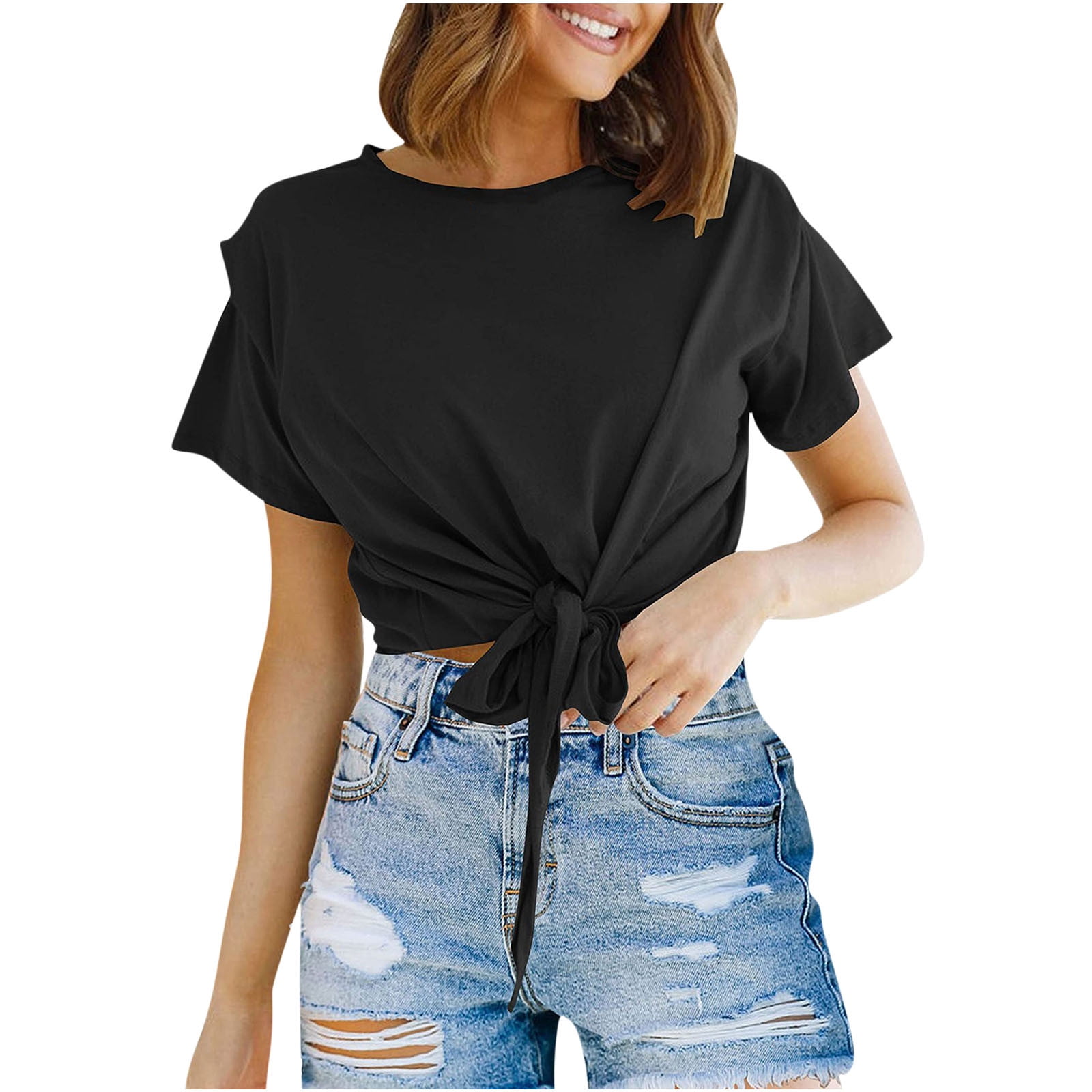 RQYYD Reduced Womens Casual Short Sleeve Tie Knot Front Tops Crew Neck  Summer Solid Crop Top T-Shirt(Black,L) 