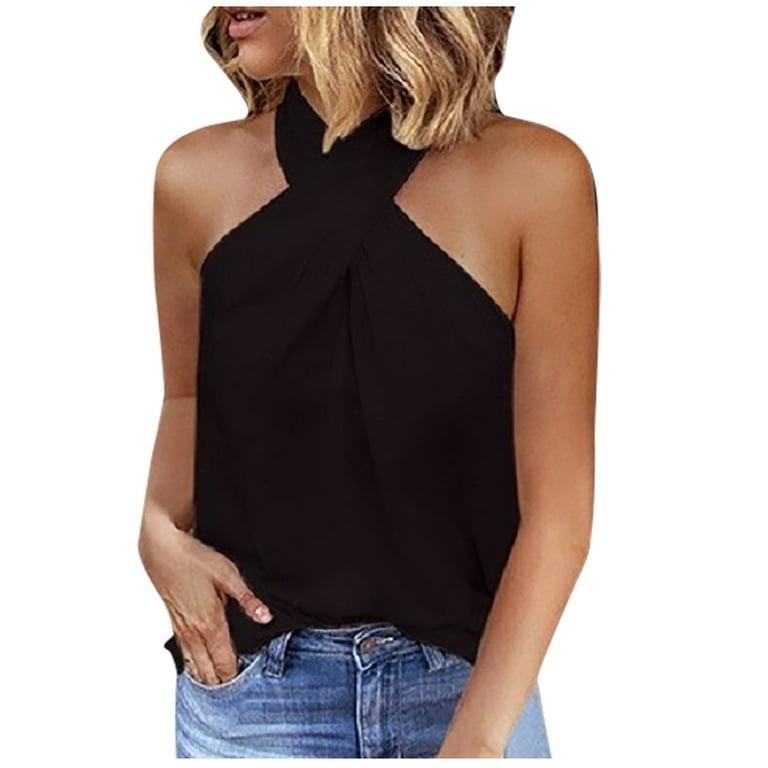 RQYYD Reduced Womens Criss Cross Halter Top Solid Sleeveless Tank Tops Vest  Fashion Summer Casual Loose Fit Off Shoulder Camisoles Black XL 