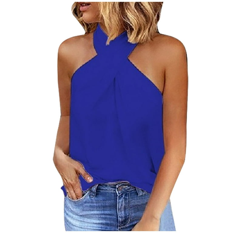 RQYYD Reduced Womens Criss Cross Halter Top Solid Sleeveless Tank Tops Vest  Fashion Summer Casual Loose Fit Off Shoulder Camisoles Blue S