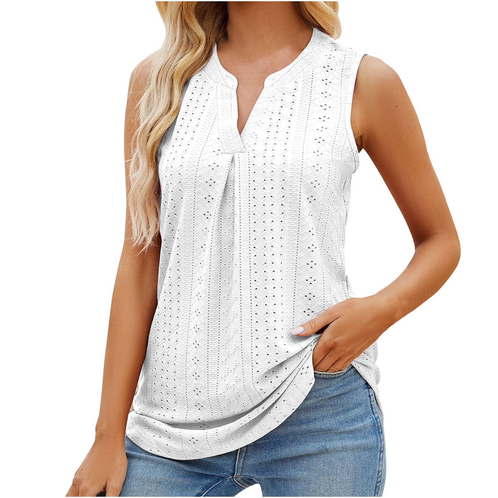 RQYYD Reduced Womens Eyelet Tank Tops Summer Casual V Neck Fashion Hollow  Out Sleeveless Tops Blouse Solid Pleated Tank Shirt White XL 