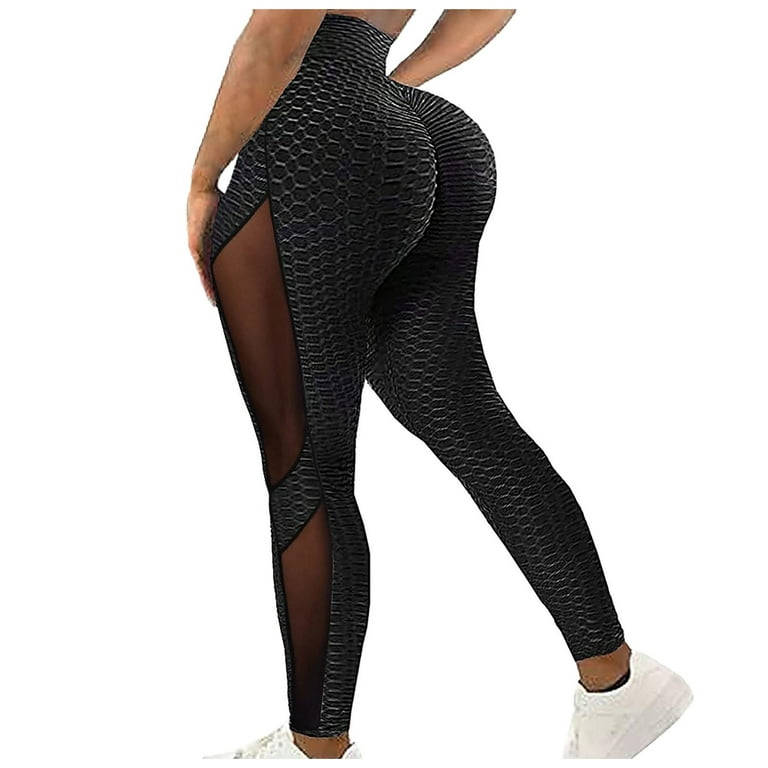 RQYYD Reduced Womens High Waisted Mesh Yoga Pants Tummy Control Scrunched  Booty Leggings Workout Running Butt Lift Textured Tights(Black,S) 