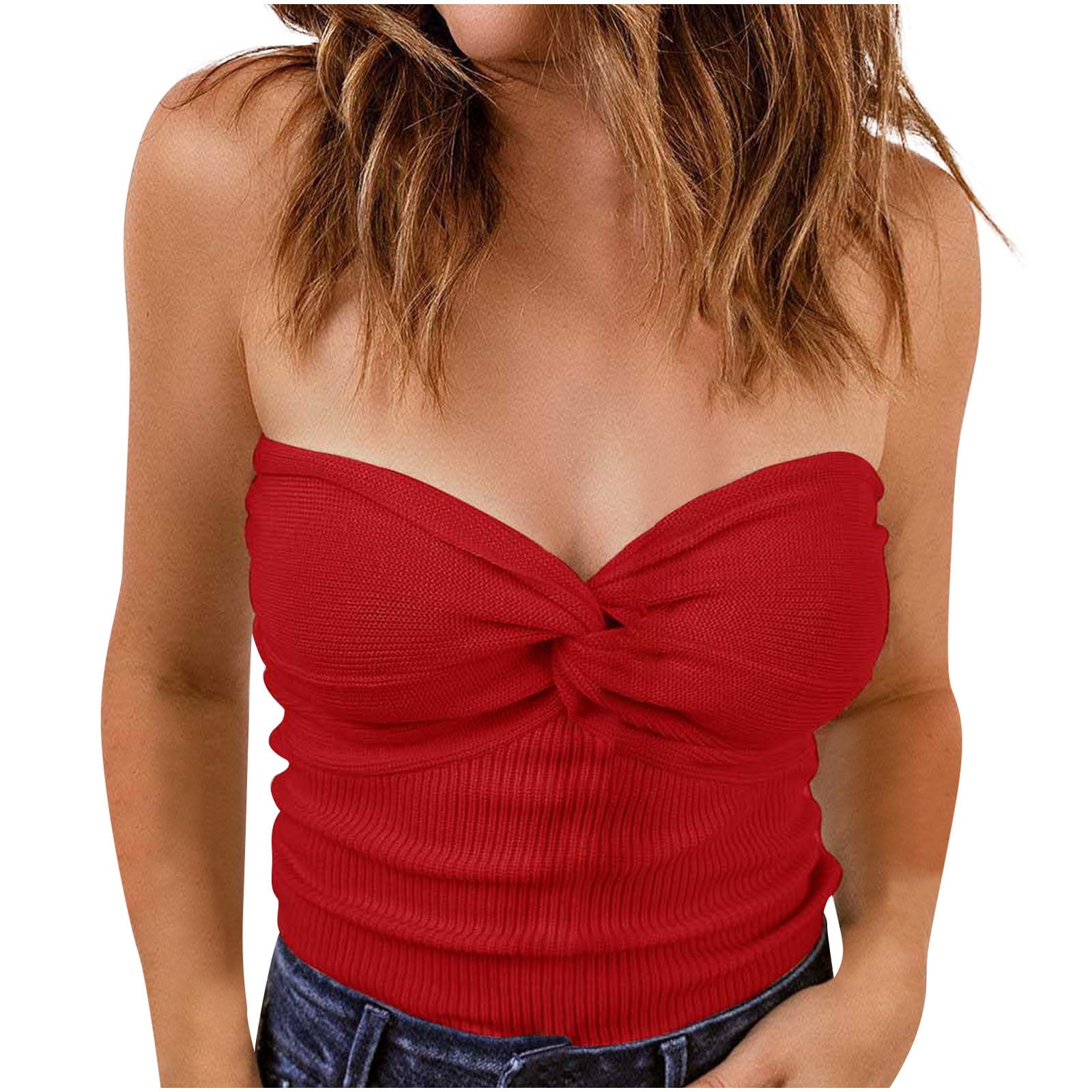 RQYYD Reduced Womens Off Shoulder Strapless Crop Top Sexy Sweetheart Neck  Ribbed Knit Twisted Knot Front Sleeveless Y2K Camisole Tanks Top(Red,S) 