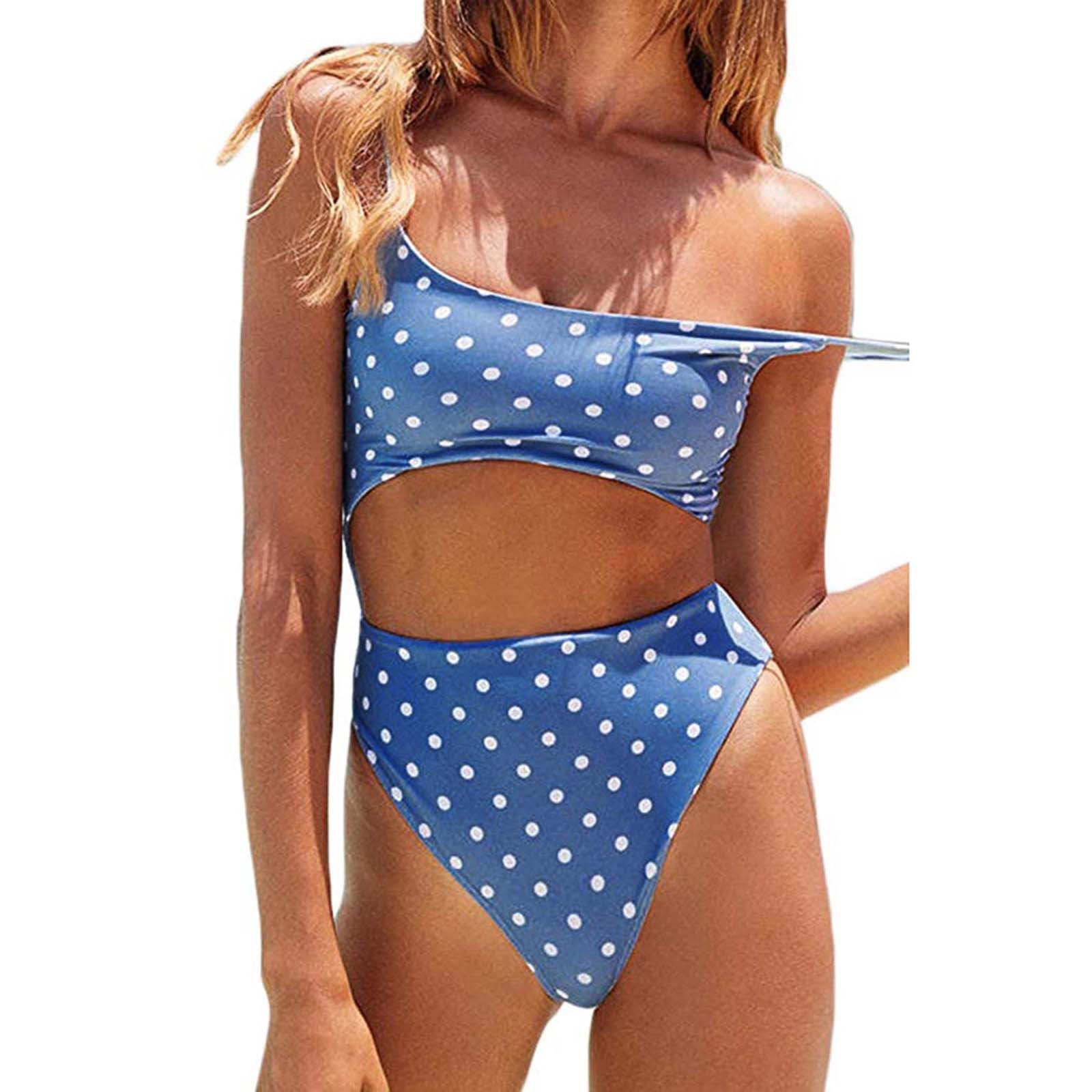 RQYYD Reduced Womens Scoop Neck Cut Out Front Lace Up Back High Cut Monokini One Piece Swimsuit Solid Spaghetti Strap Bathing Suit Blue M