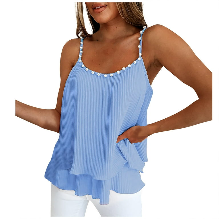 RQYYD Reduced Womens Scoop Neck Pearl Trim Tank Tops Double Layer Ruffle Hem Spaghetti Strap Camisole Summer Casual Sleeveless Chiffon Shirts Blue L Walmart