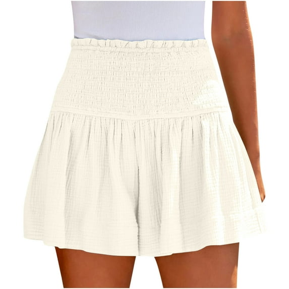 RQYYD Reduced Womens Shorts Cotton High Elastic Waisted Pleated Ruffle Cute Smocked Shorts Beach Flowy Summer Casual Short Beige L