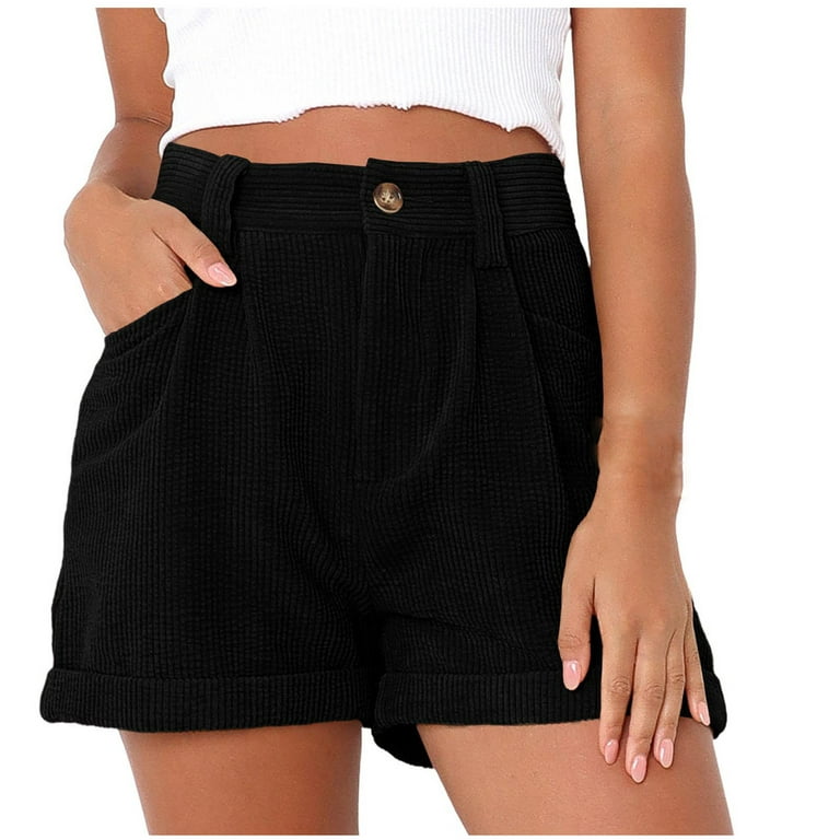 RQYYD Clearance Womens Summer Shorts Mid-Waist Cuffed Hem Corduroy Shorts  Casual Solid Wide Leg Short Pants with Pockets Black M