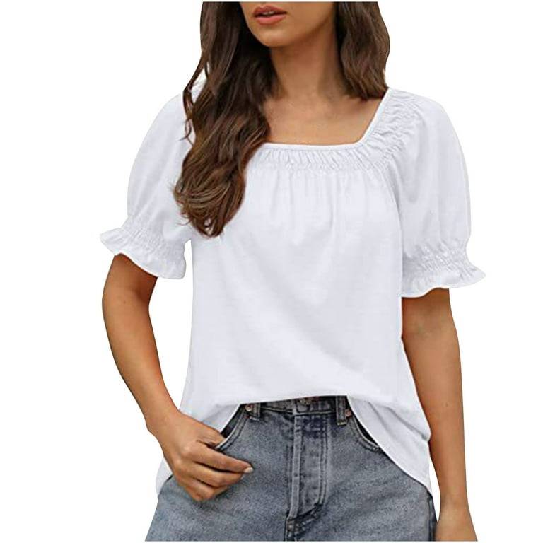 RQYYD Clearance Womens Business Casual Tops Summer V Neck T Shirt Ruffle  Short Sleeve Tunic Blouses Solid Loose Fit Lightweight Shirt(Black,M) 