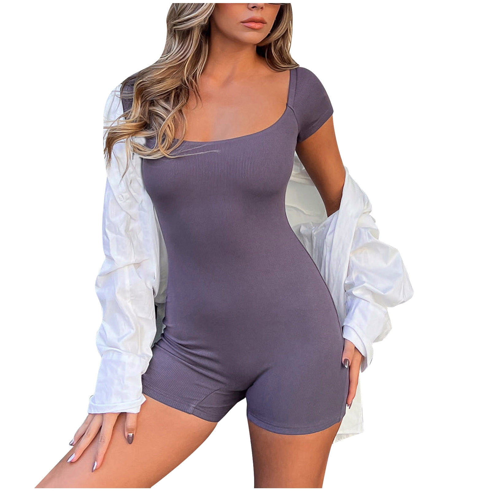 RQYYD Ribbed Knit Bodycon Short Jumpsuit Short Sleeve Scoop RQYYD Ribbed Knit Bodycon Short Jumpsuit Short Sleeve Scoop
