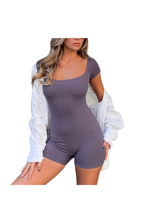 Ribbed Knit Bodycon Short Jumpsuit Short Sleeve Scoop Neck Sport Biker Short Rompers Summer Solid One-piece Jumpsuit(Gray,XL)