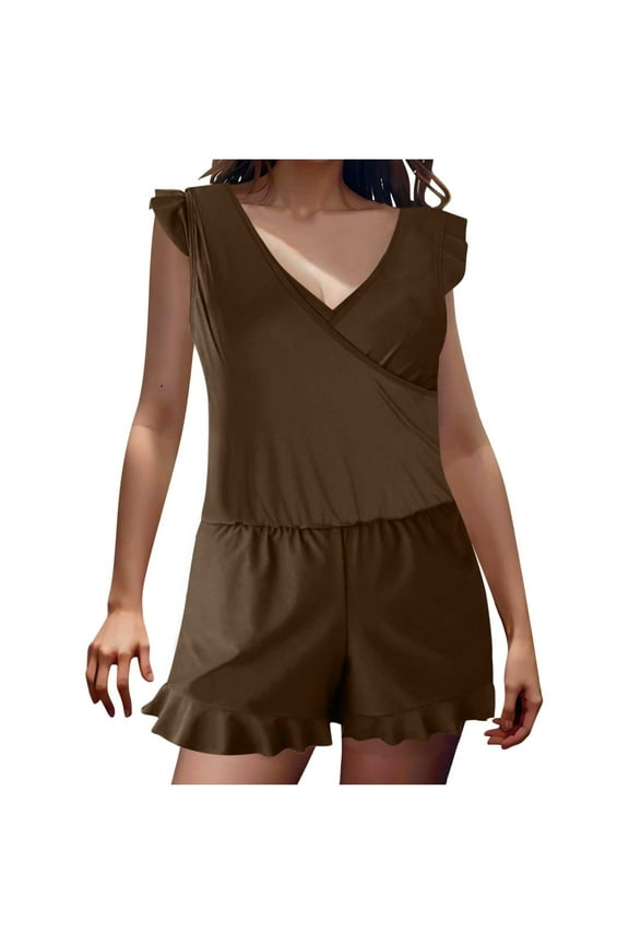 Romper Swimsuits for Women Ruffle Sleeve Swimsuits Shorts One Piece Bathing Suit Romper Swimsuit with Built in Bra