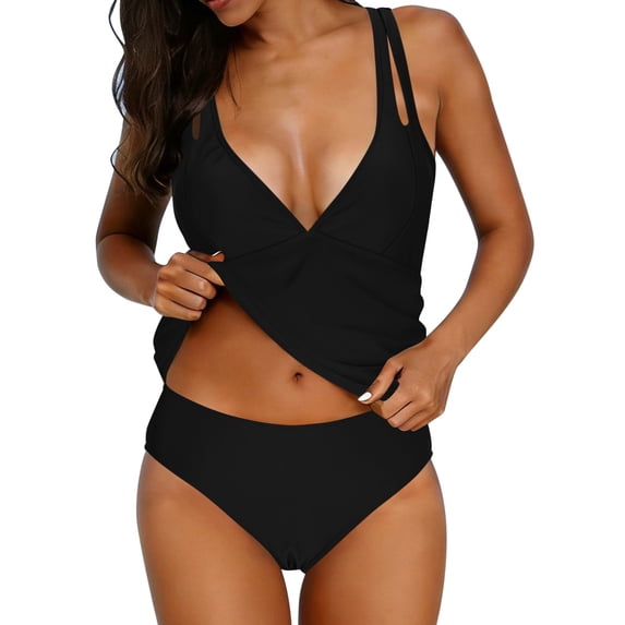 RQYYD Ruched Tankini Swimsuits for Women Tummy Control Two Piece Bathing Suits Cutout V Neck Tie Back Swimwear