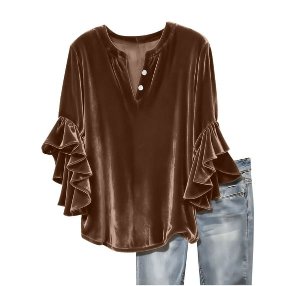 RQYYD Ruffle 3/4 Sleeve Velvet Shirts for Women Dressy V Neck Loose Batwing Blouse Ladies Business Casual Party Tops
